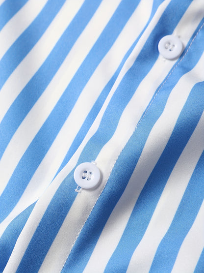 2pcs Men'S Casual Summer Outfit Set, Striped Short Sleeve Button Up Lapel Shirt Top & Solid Drawstring Shorts With Pockets For Casual Daily Wear And Holiday Resorts
