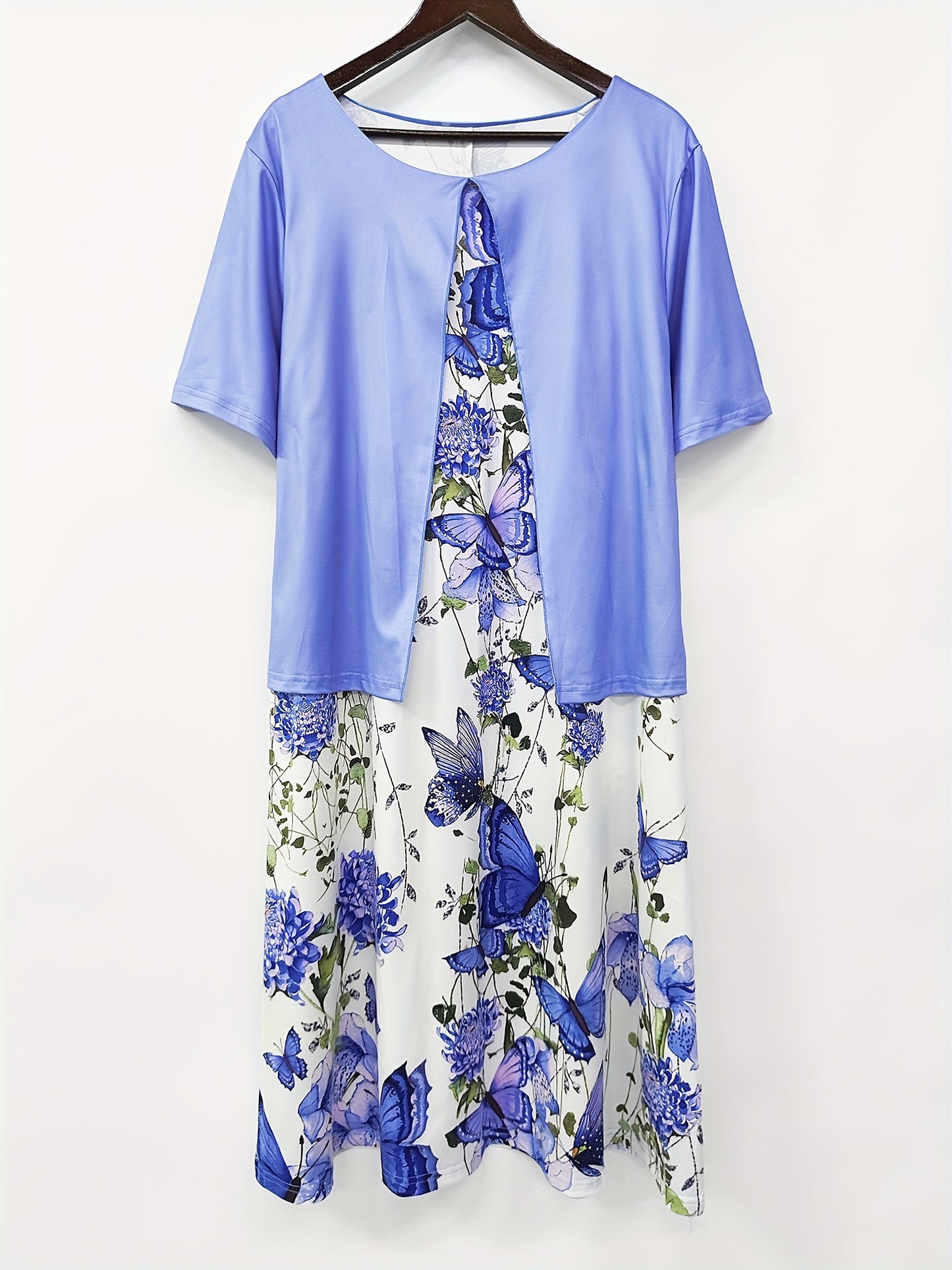 Plus Size - Plus Size - Women'S Round Neck Fake Two-Piece Elegant Dress - Fitted Short-Sleeved Midi Dress, Versatile And Suitable for All Seasons, Suitable for Work, Travel And Daily Wear, Butterfly And Flower Print, Machine Washable Soft Fabric