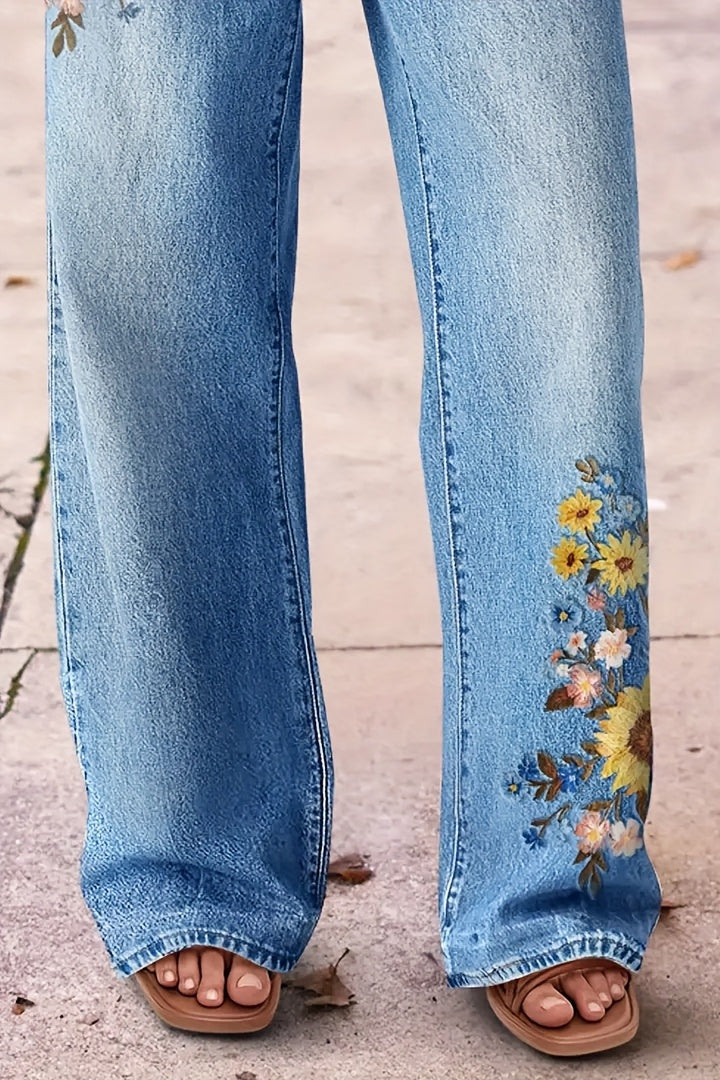 Women's High-Waisted Washed Embroidered Jeans - Straight Leg Pants with Beltless Design, Stretch & Machine Washable for All-Season Wear (Casual & Dressy)