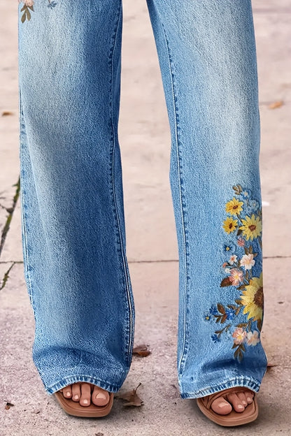 Women's High-Waisted Washed Embroidered Jeans - Straight Leg Pants with Beltless Design, Stretch & Machine Washable for All-Season Wear (Casual & Dressy)