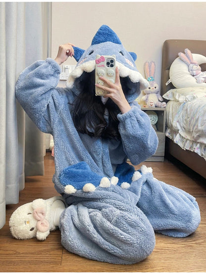 [Hooded Coral Fleece] Winter Jumpsuit Sleepwear, Cute And Sweet Shark Nightgown, Hooded Coral Fleece Thickened And Plush Cartoon Home Outfit
