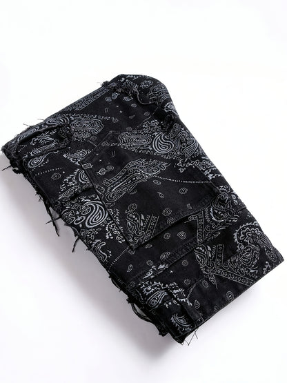 [Hme]Men'S Casual Print Jeans, Featuring a Trendy Street Hip-Hop Style, Mid-Rise Stretchy Slim Straight Cut, with Three-Dimensional Tailoring And Irregular Patch Designs. Made from Elastic Fabric That Is Machine Washable, Suitable for All Seasons