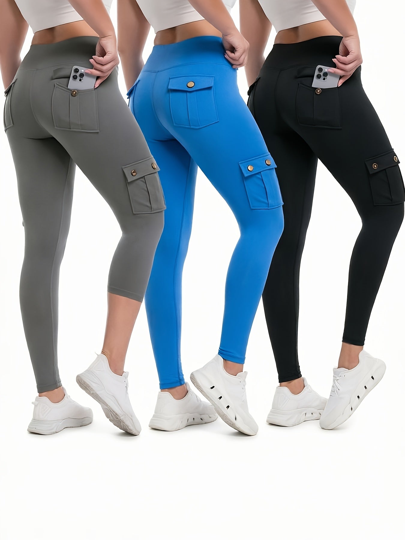 3-Pack High Waisted Cargo Yoga Pants With Slide Pockets - Tummy Control, 4 Pockets, Breathable 4-Way Stretch, Moisture Wicking, Perfect For Running, Gym & Yoga Lovers