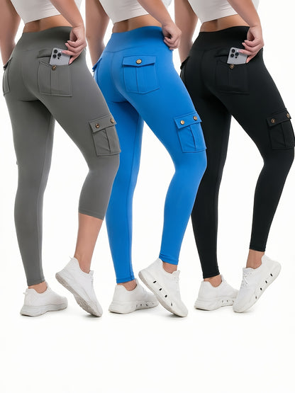 3-Pack High Waisted Cargo Yoga Pants With Slide Pockets - Tummy Control, 4 Pockets, Breathable 4-Way Stretch, Moisture Wicking, Perfect For Running, Gym & Yoga Lovers
