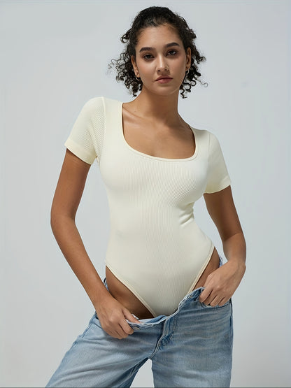 Women's Short Sleeved Square Neck Elastic Jumpsuit Casual Jumpsuit Paired with Jeans Jumpsuit Shaping Women's Jumpsuit
