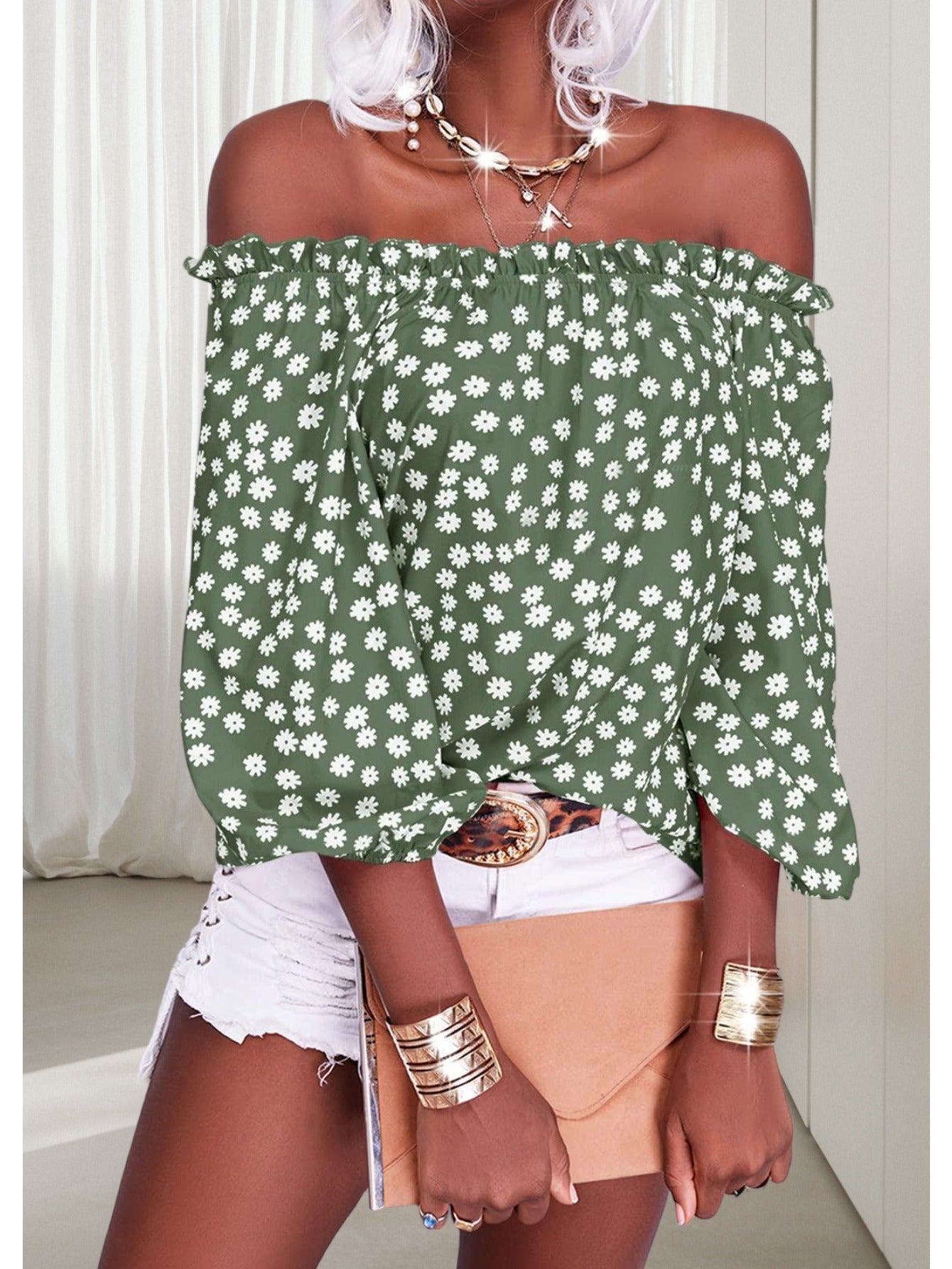 Womens Summer Off Shoulder Blouse Floral Print 3/4 Sleeve Casual Chiffon Tops Shirts