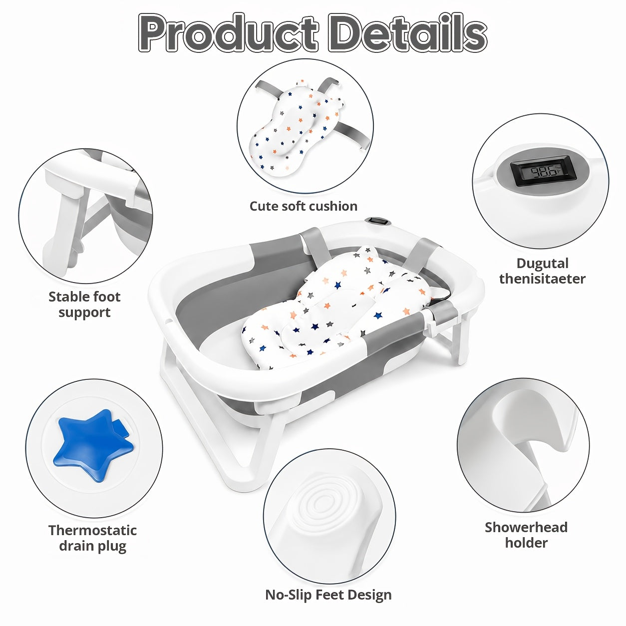 Foldable Baby Bathtub, Baby Tub with Soft Cushion And Thermometer, Portable Travel Baby Bathtub