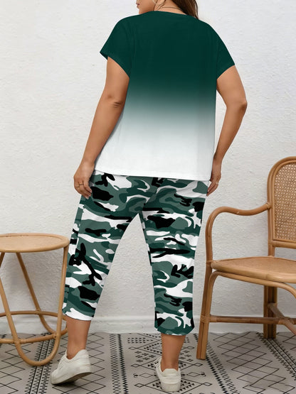 Plus Size, Spring/Summer Plus Size Women's 2pcs Set, Gradient Print And Queen Print, Round Neck Top with Capri Pants, Suitable for Home, Leis And Outings
