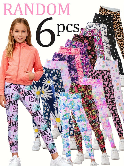 Random 6pcs Set Of Tights for Girls, Super Stretchy And Soft, Suitable for Spring And Autumn, Casual And Fashionable Rolled Waist Tights, Solid Color And Printed 9/10-length Pants Combination Set.