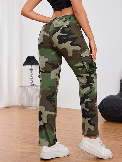 Women'S Camo Cargo Jeans with Pockets - Casual High Stretch Denim Pants, All-Season Comfort, Camouflage Pattern, Fabric