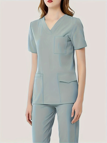 Ultra-Soft Womens Two-Piece Health Care Uniform Set - Stylish V-Neck Top With Practical Pockets & Sleek Solid Pants - Premium Quality, Comfortable Everyday Wear For Women