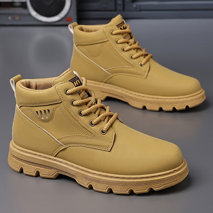 Men's Mid-Top Work Boots - Lace-Up Design, Durable Upper, Decorative Metal Accent, Non-Slip Lug Sole, Footwear for Work & Outdoor Activities