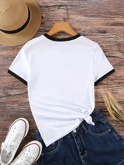 Short-Sleeved T-Shirt with Contrast Trim, a Casual Crew Neck Top Suitable for Spring And Summer, Designed for Women