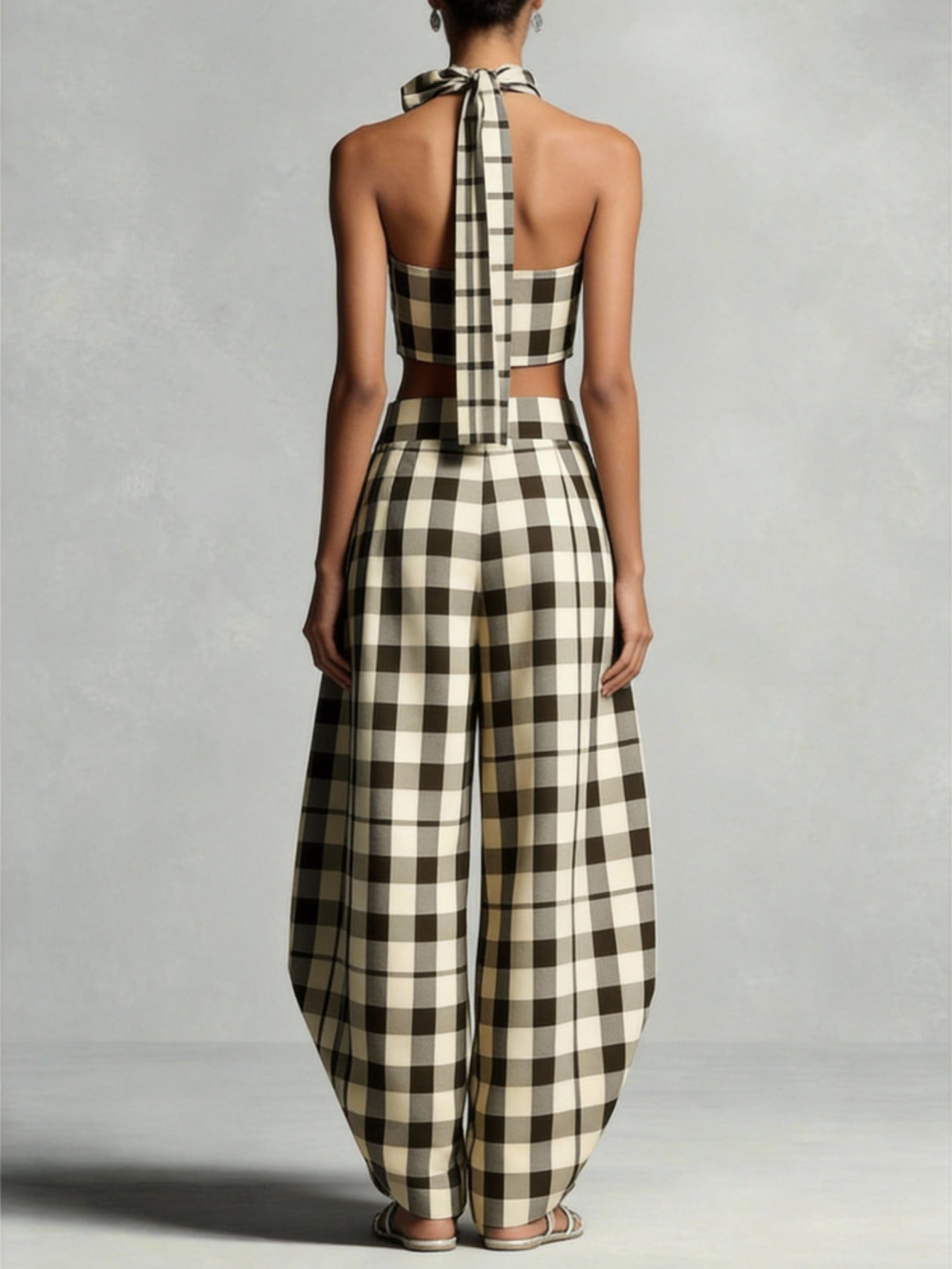 Beige-Brown Plaid Halter Crop Top And Wide-Leg Lantern Pants Set | Retro Elegant Mature Style Design, Suitable for Date Dinners, Luxury Parties, Daily Outings And More