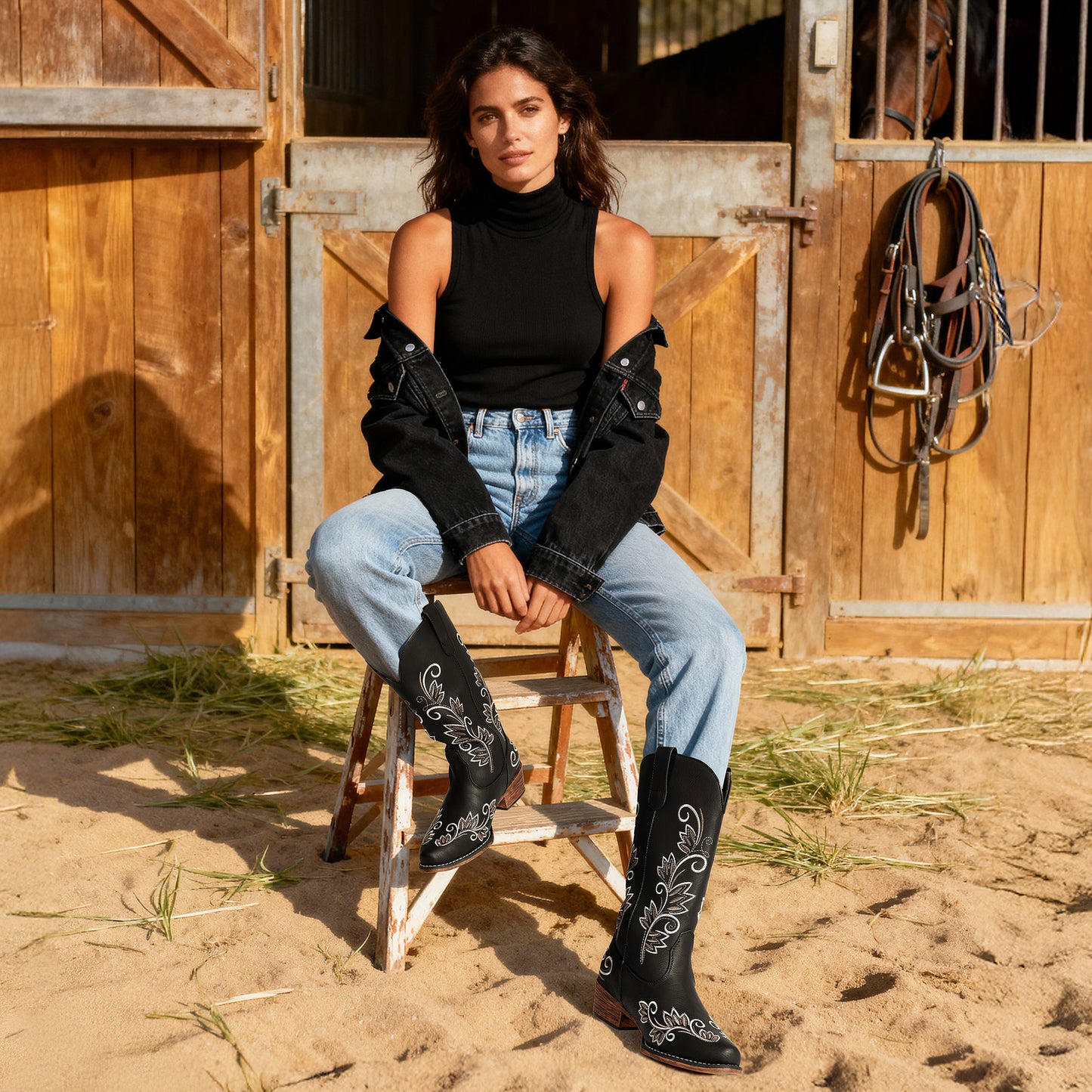 DREAM PAIRS Women's Cowboy Cowgirl Western Mid Calf Boots Square Toe Embroidered Stitched Pull On Country Boots with Low Chunky Heel