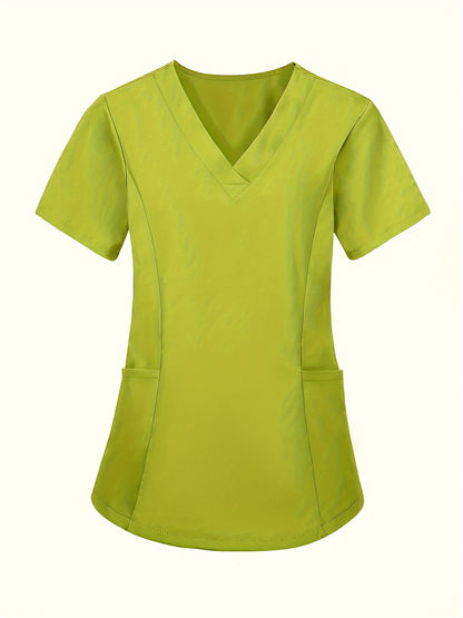 Fashion Casual V-neck Women's Work Clothes Care Comfortable Sweat-absorbing Brush Clothes Set, Fashion Short-sleeved Beauty Salon Medical Wash Clothes Work Clothes