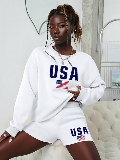 Women'S Casual And Versatile Letter Pattern Sports Home Suit, Round Neck Long-Sleeved Sweatshirt And Shorts, Loose And Casual Matching