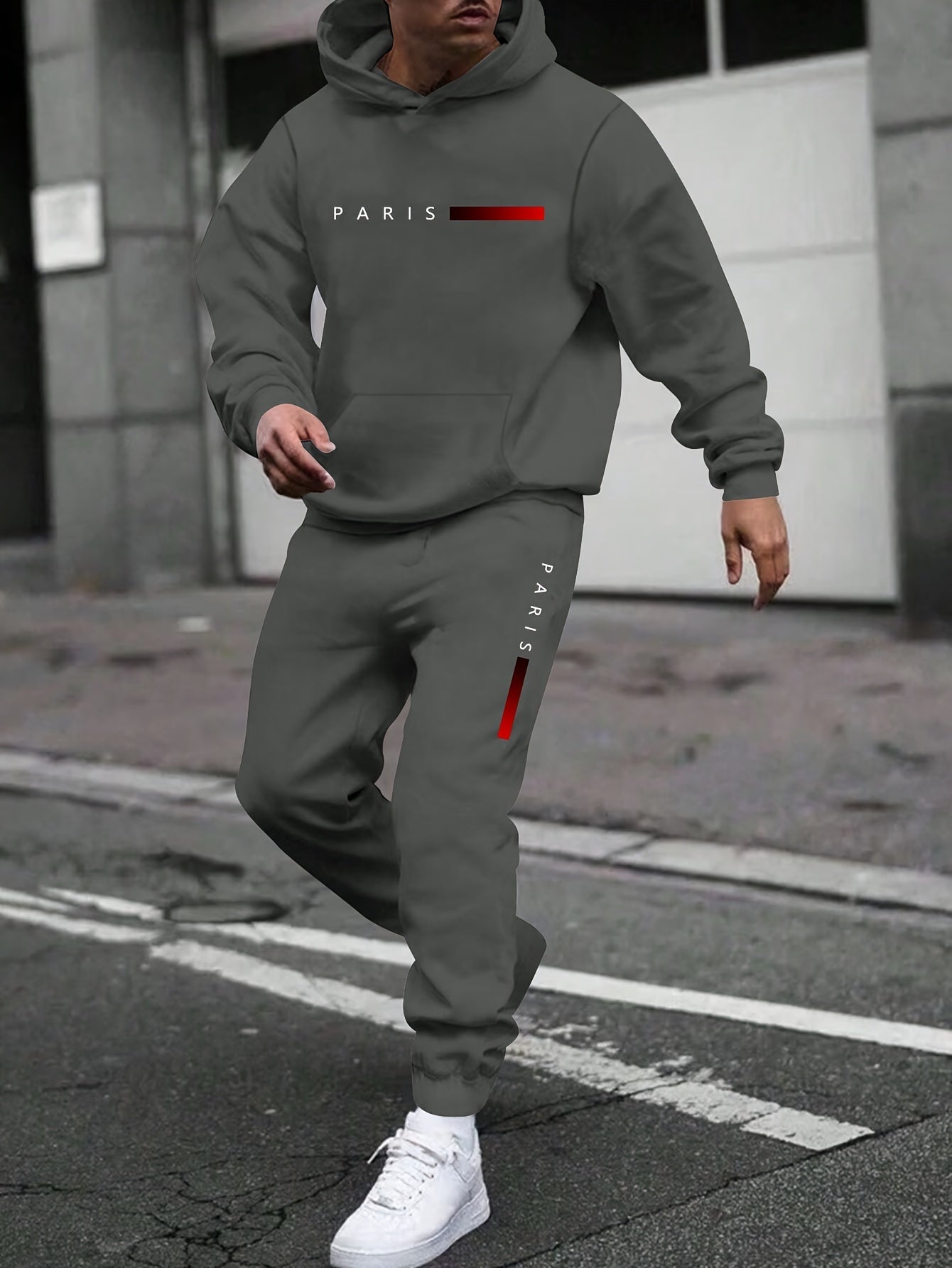 Men'S PARIS Letter Print Hoodie And Drawstring Sweatpants Set
