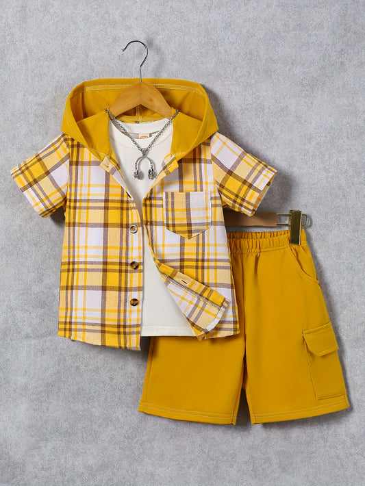 2pcs, Children's Short-sleeved Plaid Shirt Shorts Hooded Top Cardigan Fashion Casual Children's Shorts Set, Perfect for Outdoor