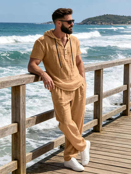 Men'S Casual Linen Hooded 2pcs Set, Short Sleeve Drawstring Henley Shirt And Wide Leg Pants, Breathable Non-Stretch Fabric, Loose Fit for Vacation, Home And Outdoor, Multi-Color Options