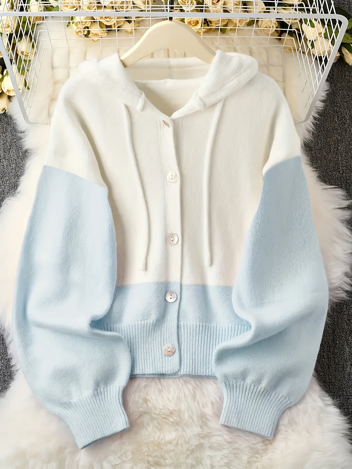 Plus Size - Fresh Pink & White Contrast Hooded Cardigan, Cozy Long Sleeve Cardigan with Button Details, Perfect for Fall/Winter