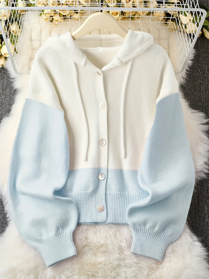 Plus Size - Fresh Pink & White Contrast Hooded Cardigan, Cozy Long Sleeve Cardigan with Button Details, Perfect for Fall/Winter