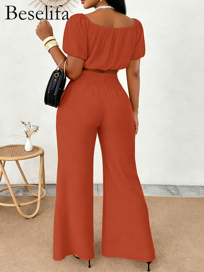 1 Set Summer Beach Vacation Style Off-Shoulder Puff-Sleeved Ruffled Strapless Crop Top & Wide Leg Pants, Solid Color Rayon 80% Polyamide 20% Woven Fabric, All Season Outfit, Casual Summer Outfit|Puff Sleeves|Vibrant Orange