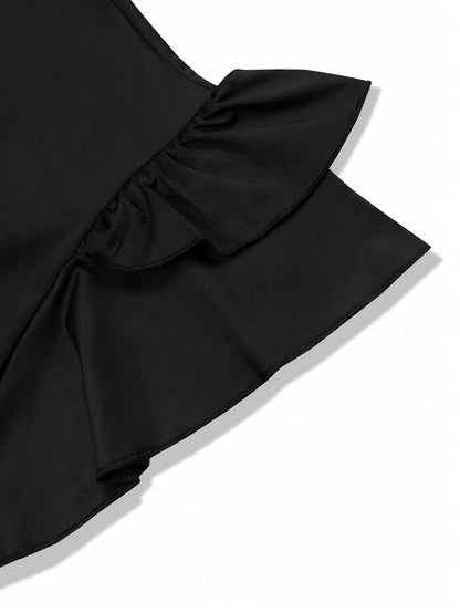 Women's Black Polyester Ruffle Short-Sleeve Dress - product view 4