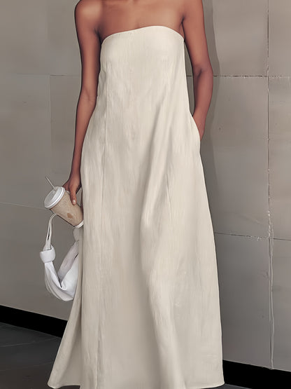 [Linen Beach Dress] Womens Linen Beach Dress Backless Sleeveless Wrap High Waist A Line Casual Summer Vacation Flowy Sundress Three Colors Light Grey Linen Beige Ivory White