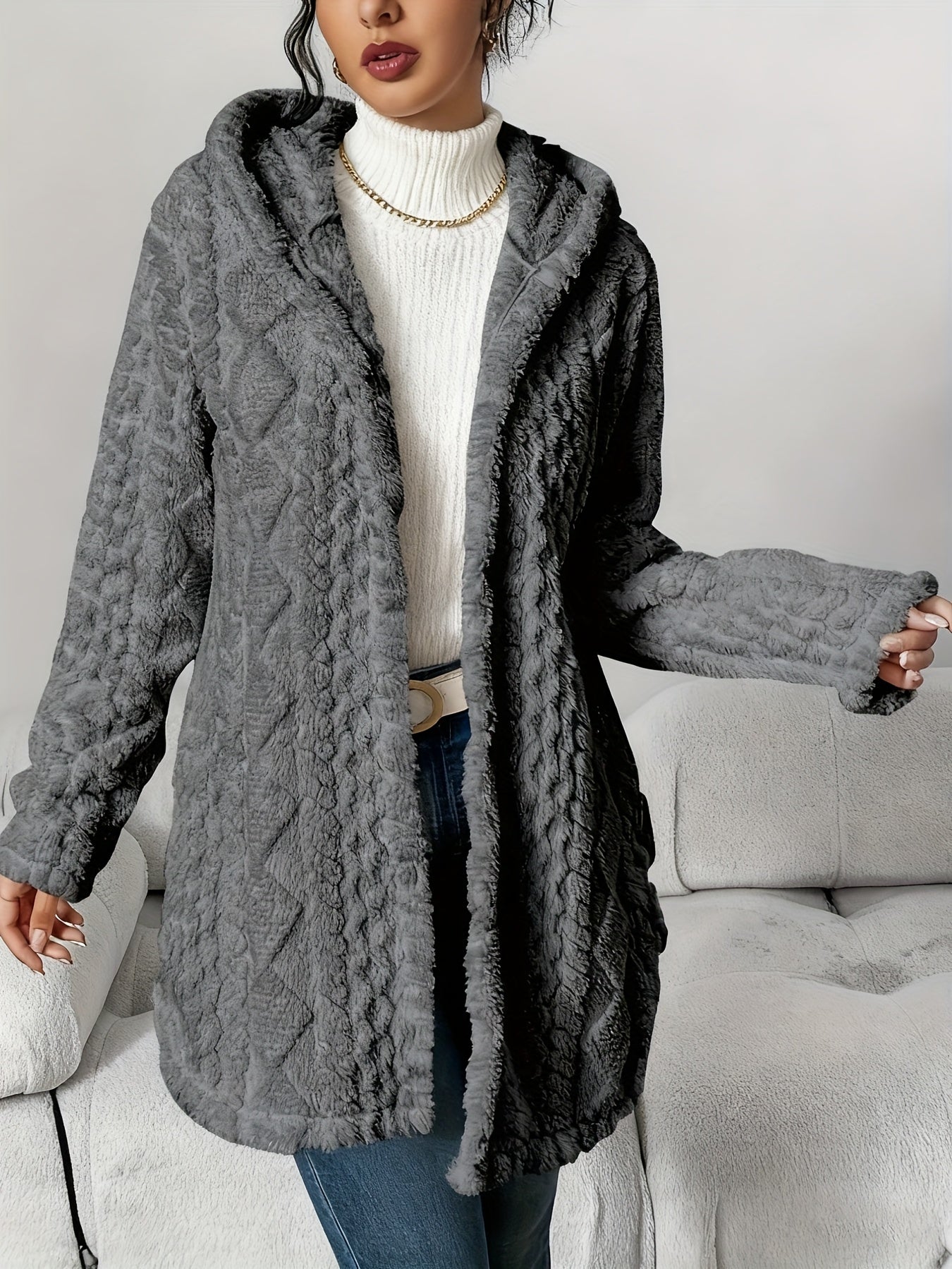 Oversized Chunky Cable Cardigan for Women in Soft Pink, Featuring an Open Front And Long Sleeves. This Winter Coat Is Perfect for Casual And Semi-Formal Fall And Winter Outfits, Designed Without Buttons