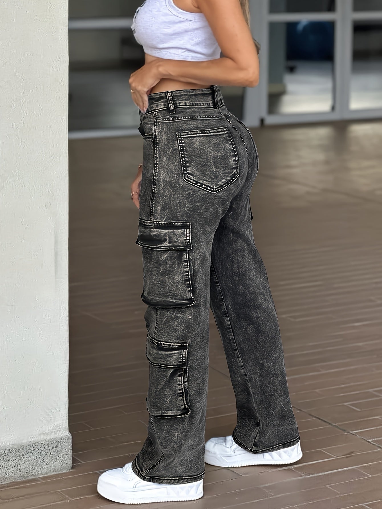 Work Pocket Straight High Waist Straight Jeans, Women's Casual Style Multi-pocket Work Jeans with Stretch And Comfort Heavy Wash Women's Jeans And Clothing