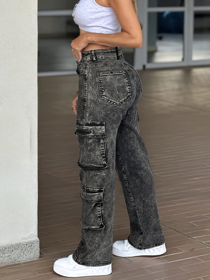 Work Pocket Straight High Waist Straight Jeans, Women's Casual Style Multi-pocket Work Jeans with Stretch And Comfort Heavy Wash Women's Jeans And Clothing