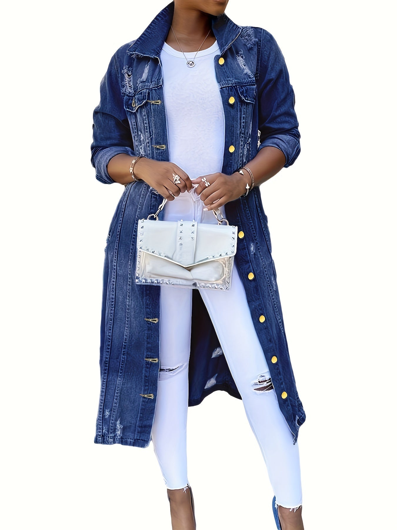 Long Denim Jacket With Worn Holes, Long Denim Trench Coat For Women