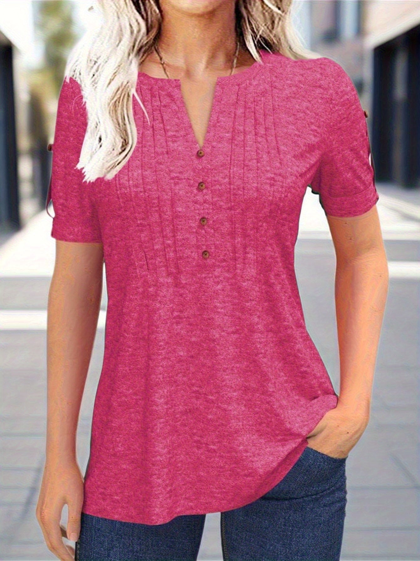 Casual Short-Sleeve Blouse for Women with a Solid Color, Featuring a Pleated Design, Buttoned V-Neck, And a Zipper
