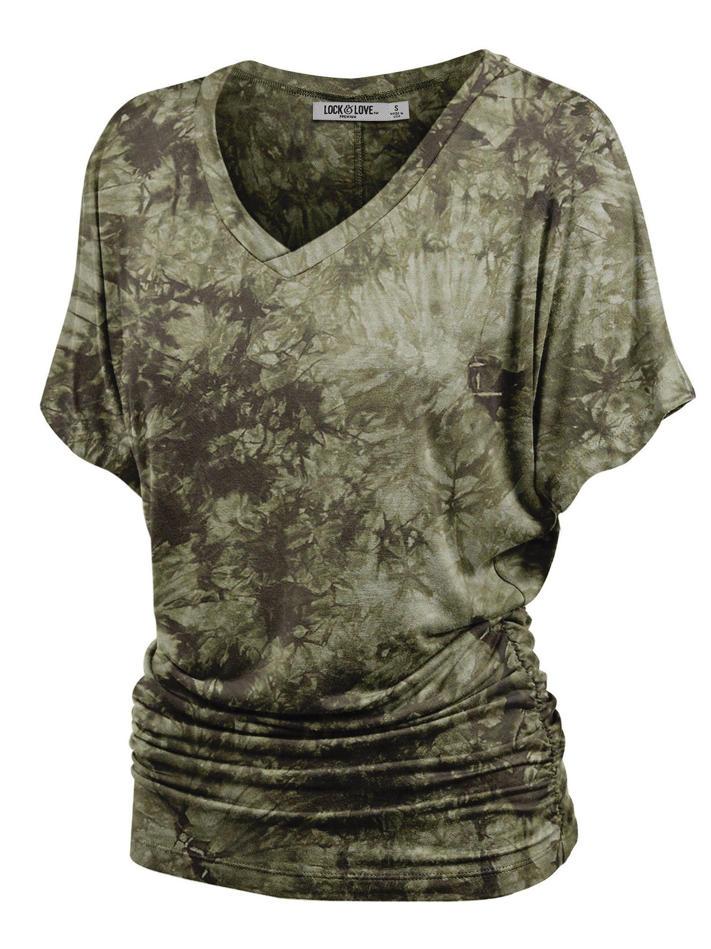 Women's Short Sleeve V Neck Tie-Dye Dolman Top w/Side Shirring