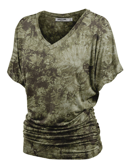 Women's Short Sleeve V Neck Tie-Dye Dolman Top w/Side Shirring