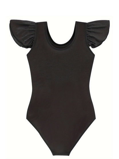 Girls Stretchy Ruffled Sleeve Dance Leotard Slim Fit Solid Color Practice - product view 5