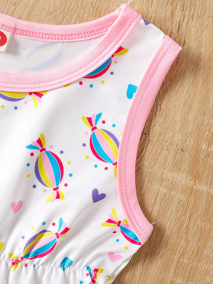 3pcs Cartoon Print Sleeveless Triangle Romper Suit + Headband for Girls, All-season, Polyester Knit Fabric, Regular Fit, Basic Style, for Outdoor, Perfect for Outdoor
