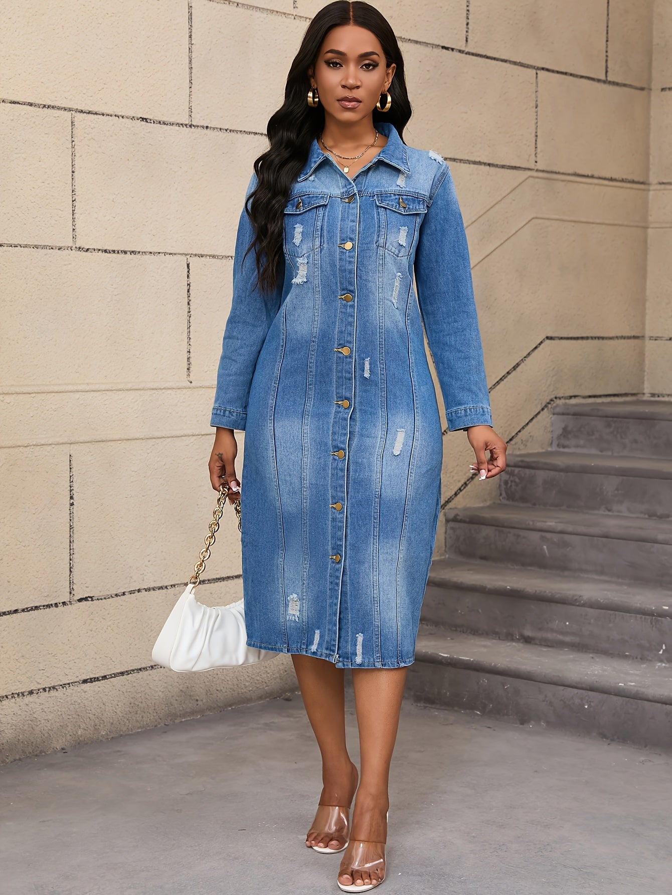 Long Denim Coat with Worn Holes Long Denim Trench Coat for Women