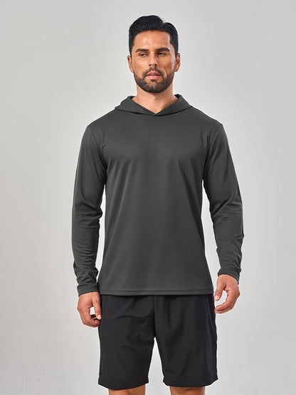 5pcs Men's Hooded Long-sleeved Quick-drying Clothes, Breathable Ice-sensitive Technology Fabric, Moisture-absorbing And Sweat-wicking, Outdoor Sports And Fitness, And Windproof