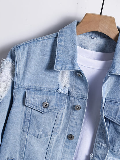HME Men'S Street Fashion Large Distressed Denim Jacket - Light Blue Vintage Distressed Lapel Coat