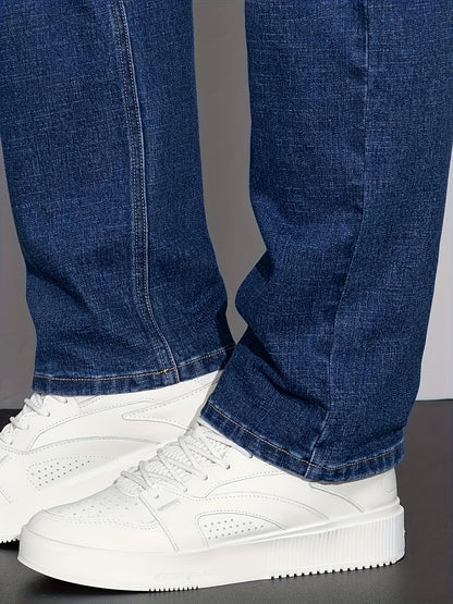 [HME] Men'S Easy And Casual Denim Trousers, Classic Five-Pocket Style, Retro Washed Craftsmanship, Mid-Waist Elastic Straight-Leg Pants, Built-In YKK Zipper Closure, Essential Men'S Plus-Size Jeans for Fashionable And Casual Outfits, Plus Size