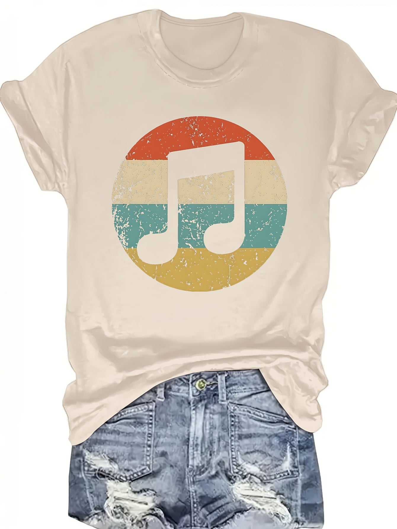 Women's Casual Music Note & Rest Signature () T-Shirt - Round Neck Short Sleeve Top, Non-Transparent Fabric Suitable for Festivals, Concerts & Daily Wear - Machine Washable Musical Score Blouse