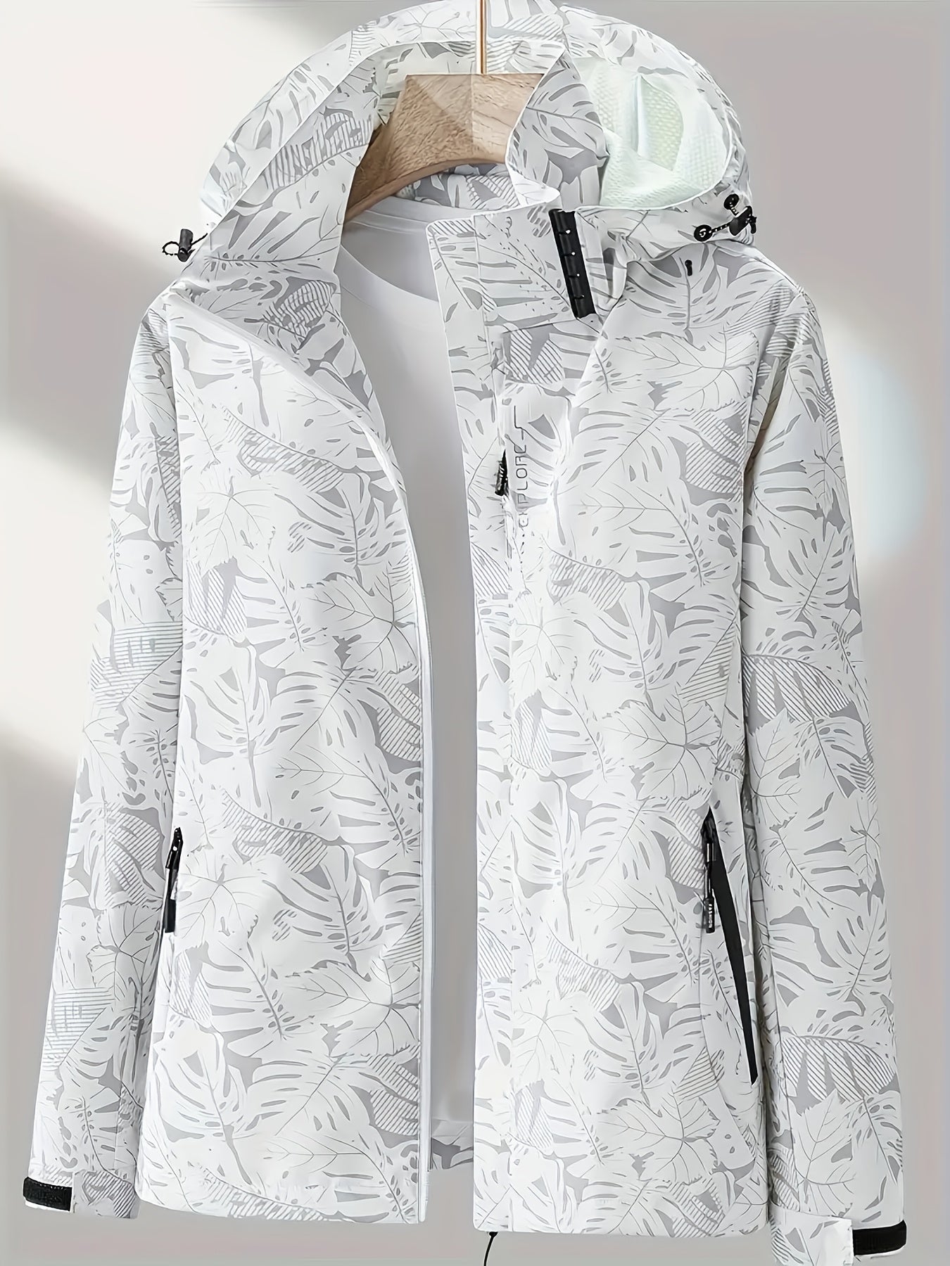 Women's Lightweight Windproof Hooded Jacket - Casual Zip-Up Outdoor Raincoat with Tropical Leaf Print, Removable Hood & Adjustable Cuffs for Spring Summer Fall,, Travel, Camping, Camping Gear, Apparel, Durable Zipper Closure