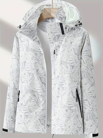 Women's Lightweight Windproof Hooded Jacket - Casual Zip-Up Outdoor Raincoat with Tropical Leaf Print, Removable Hood & Adjustable Cuffs for Spring Summer Fall,, Travel, Camping, Camping Gear, Apparel, Durable Zipper Closure