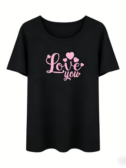 Single Round Neck T-Shirt, Women's Casual "Love You" Pink Heart Print Black Round Neck Short Sleeve Pink Base Black Heart Full Print Pajamas(Only Top)