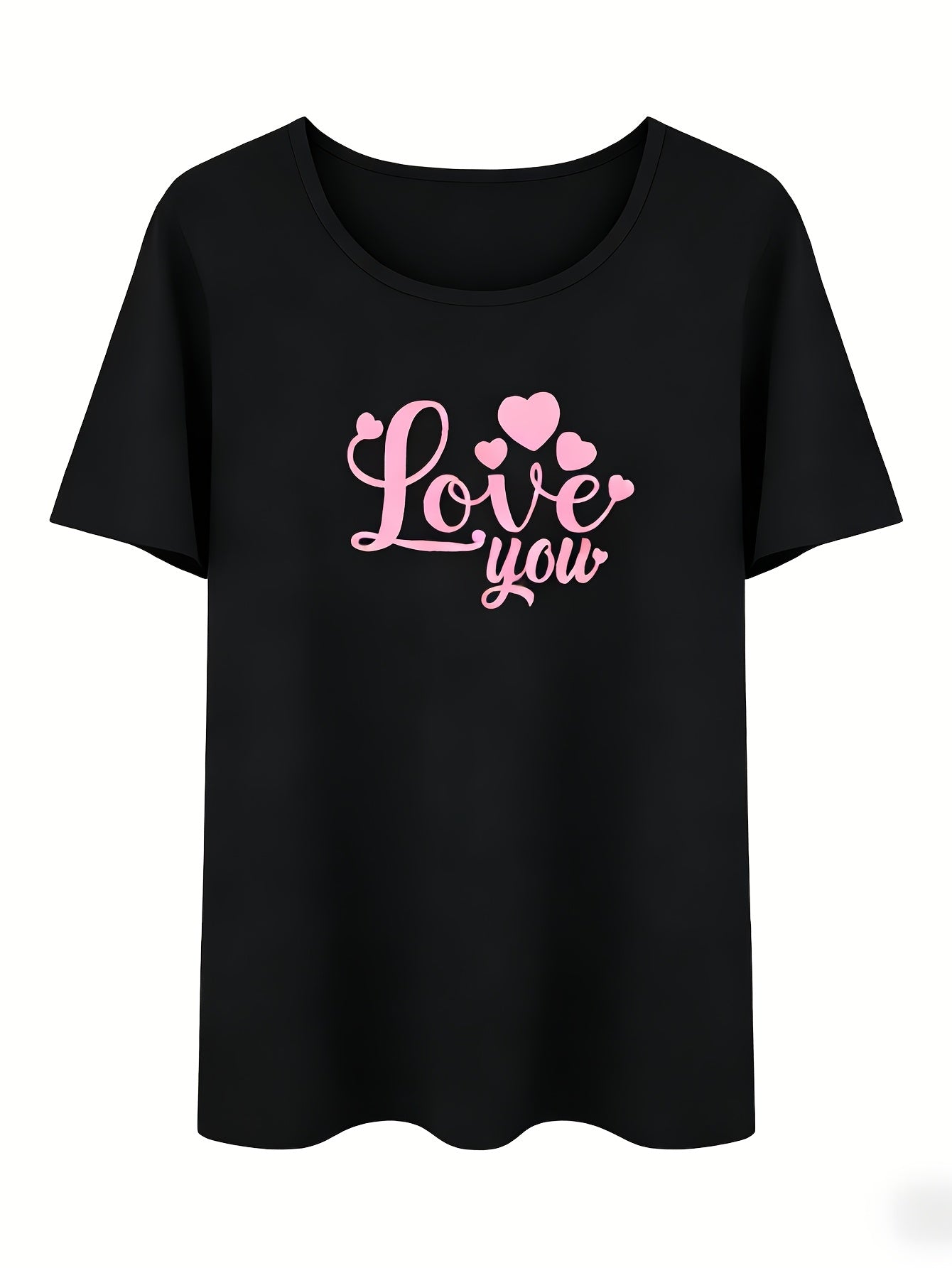 Single Round Neck T-Shirt, Women's Casual "Love You" Pink Heart Print Black Round Neck Short Sleeve Pink Base Black Heart Full Print Pajamas(Only Top)