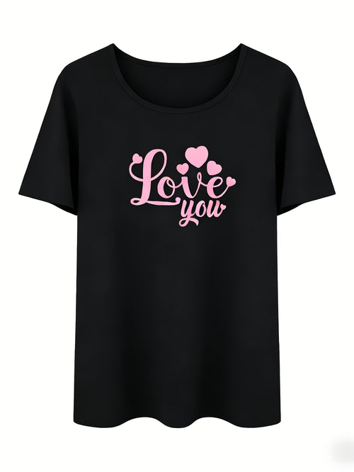 Single Round Neck T-Shirt, Women's Casual "Love You" Pink Heart Print Black Round Neck Short Sleeve Pink Base Black Heart Full Print Pajamas(Only Top)