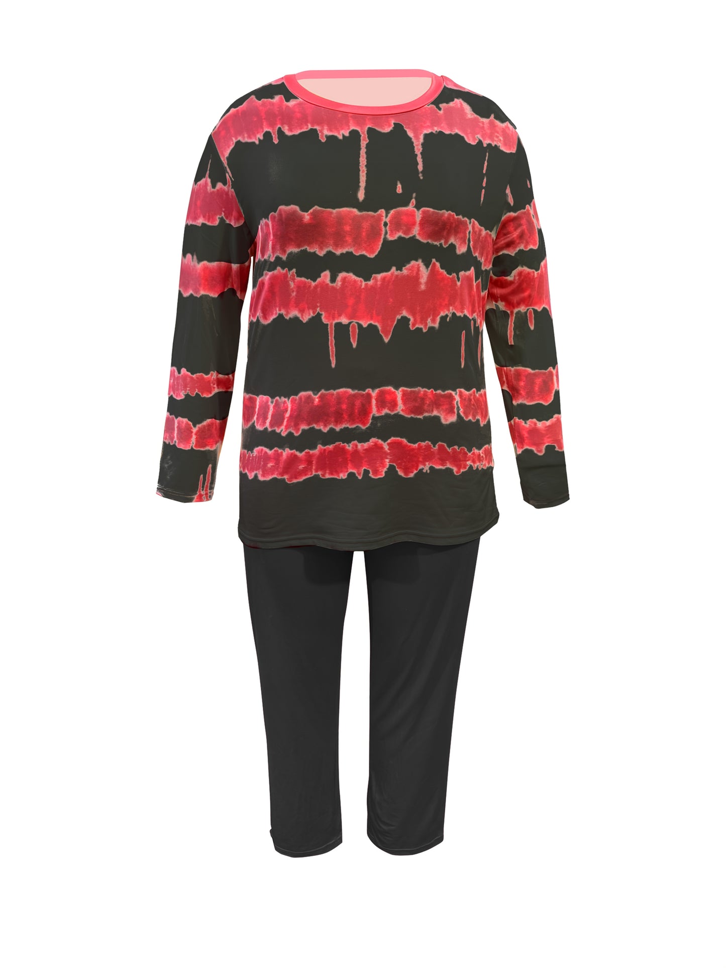 Plus Size - Plus-size Fashion Tie-dye Striped Print Long-sleeved Trousers Suit, Suitable For Going Out