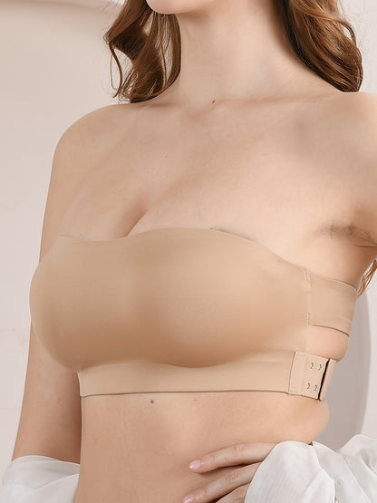 [Wireless Strapless Bra] 2pcs Wireless Strapless Bandeau Bra with Removable Pads, Sexy Cross Strap Detail, Nylon, Stretchy, Invisible Trace Solid Color